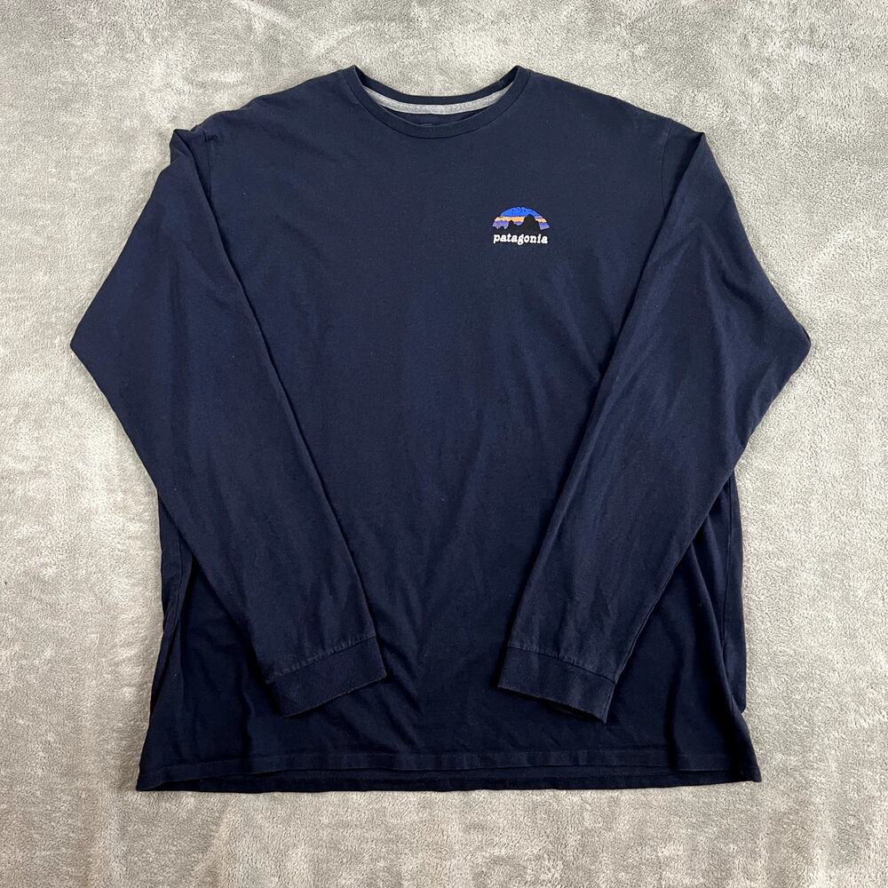 Patagonia T Shirt‎ Mens XXL Long Sleeve Regular Fit Navy Blue Graphic Hiking